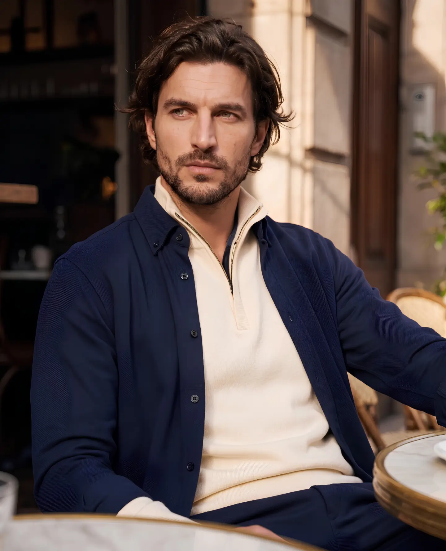 Indigold F/W editorial — Navy Cardigan, Terrace